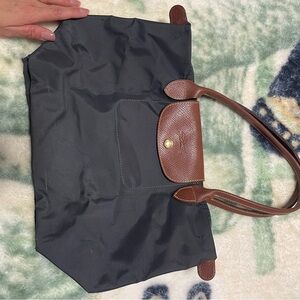 Used Grey Tote Bag with Brown Leather Handles